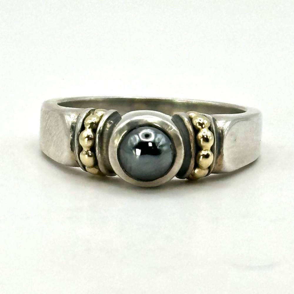 Lagos Vintage Caviar Hematite Silver & Gold Ring Size 7
